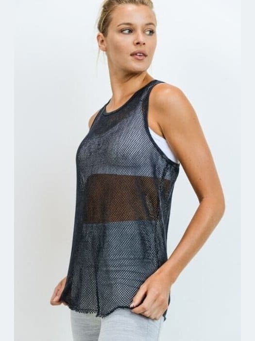 Black Mesh Racerback Mineral Wash Longline Tank Top - BKFJNY