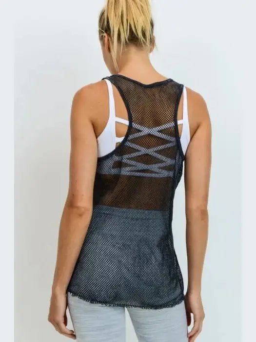 Black Mesh Racerback Mineral Wash Longline Tank Top - BKFJNY
