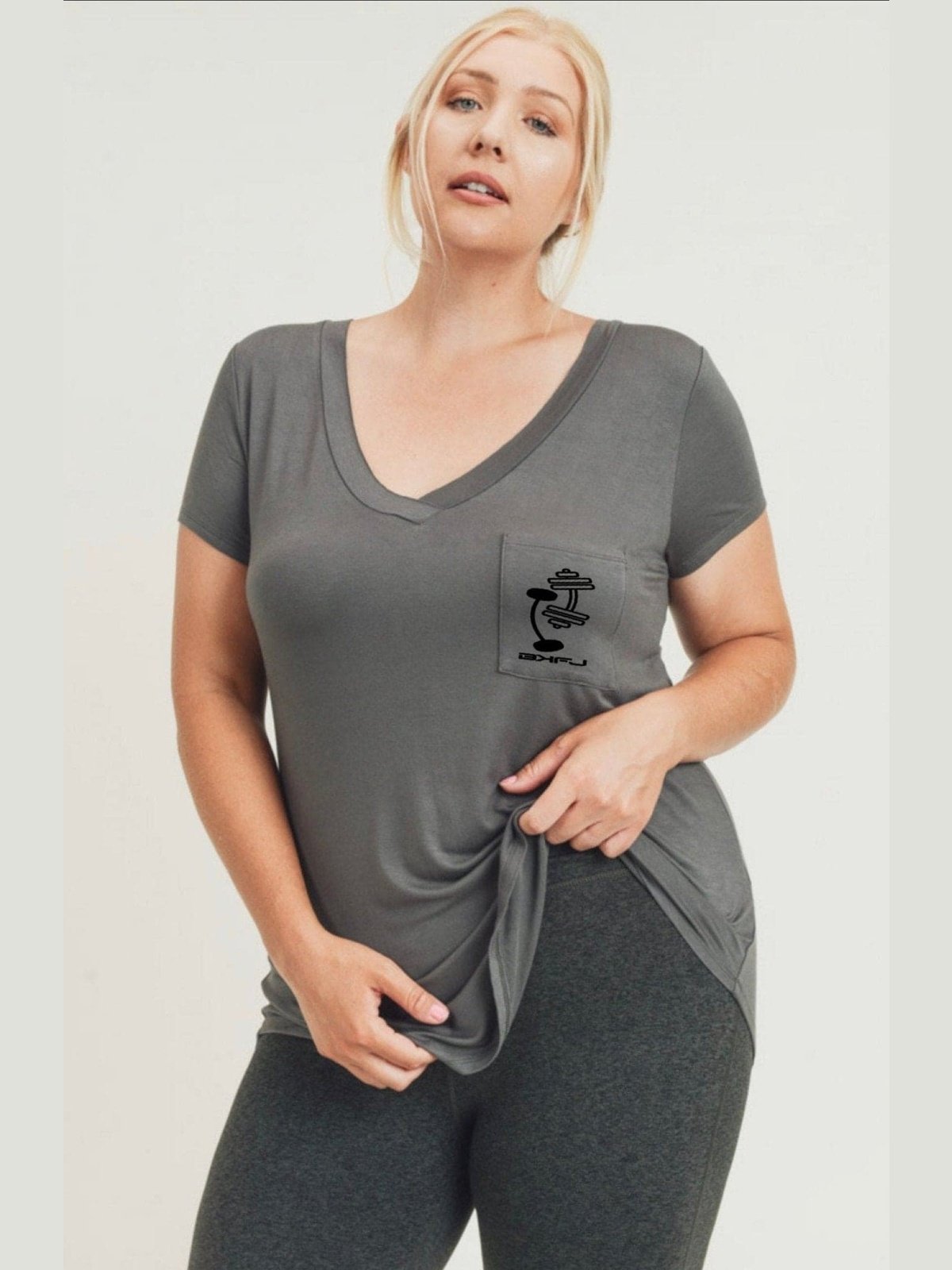CURVY Longline Deep V-Neck Pocket T-Shirt - BKFJNY