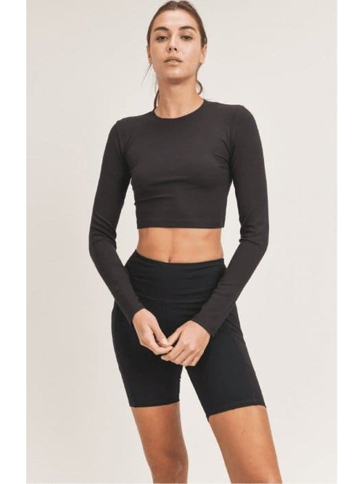 Micro-Ribbed Long-Sleeved Cropped Top - BKFJNY