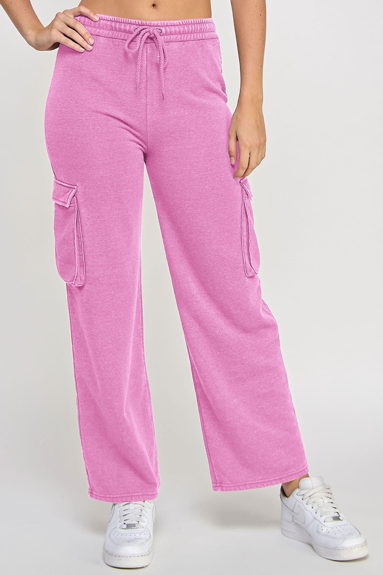 Fleece Burnout Wide Leg Cargo Joggers W/ Pockets