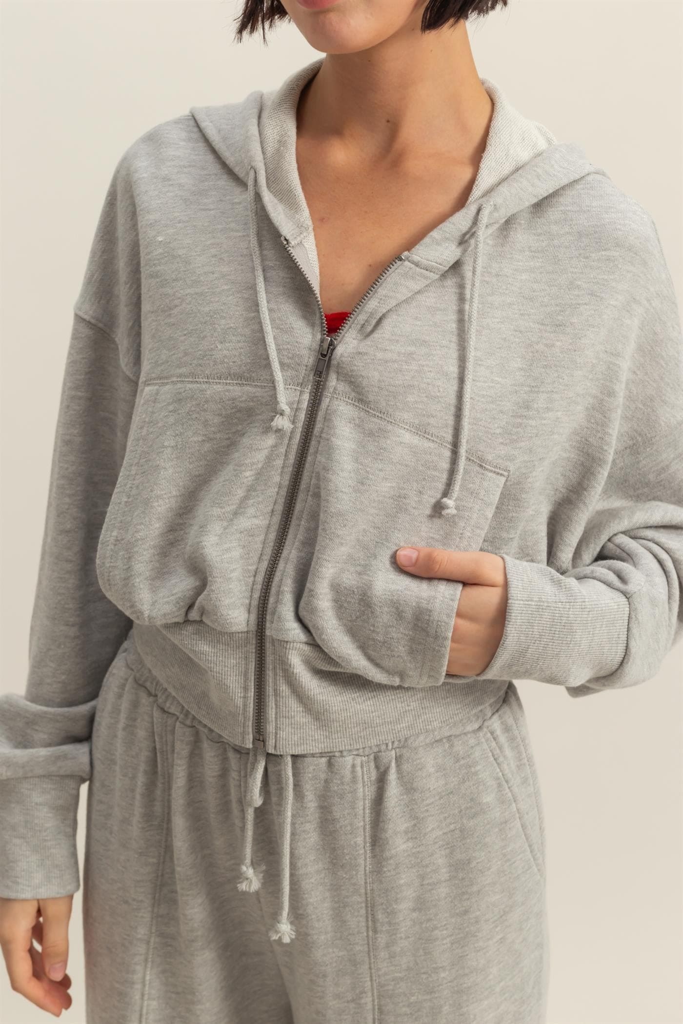 Long Sleeve Cropped Washed Zip Up Hoodie