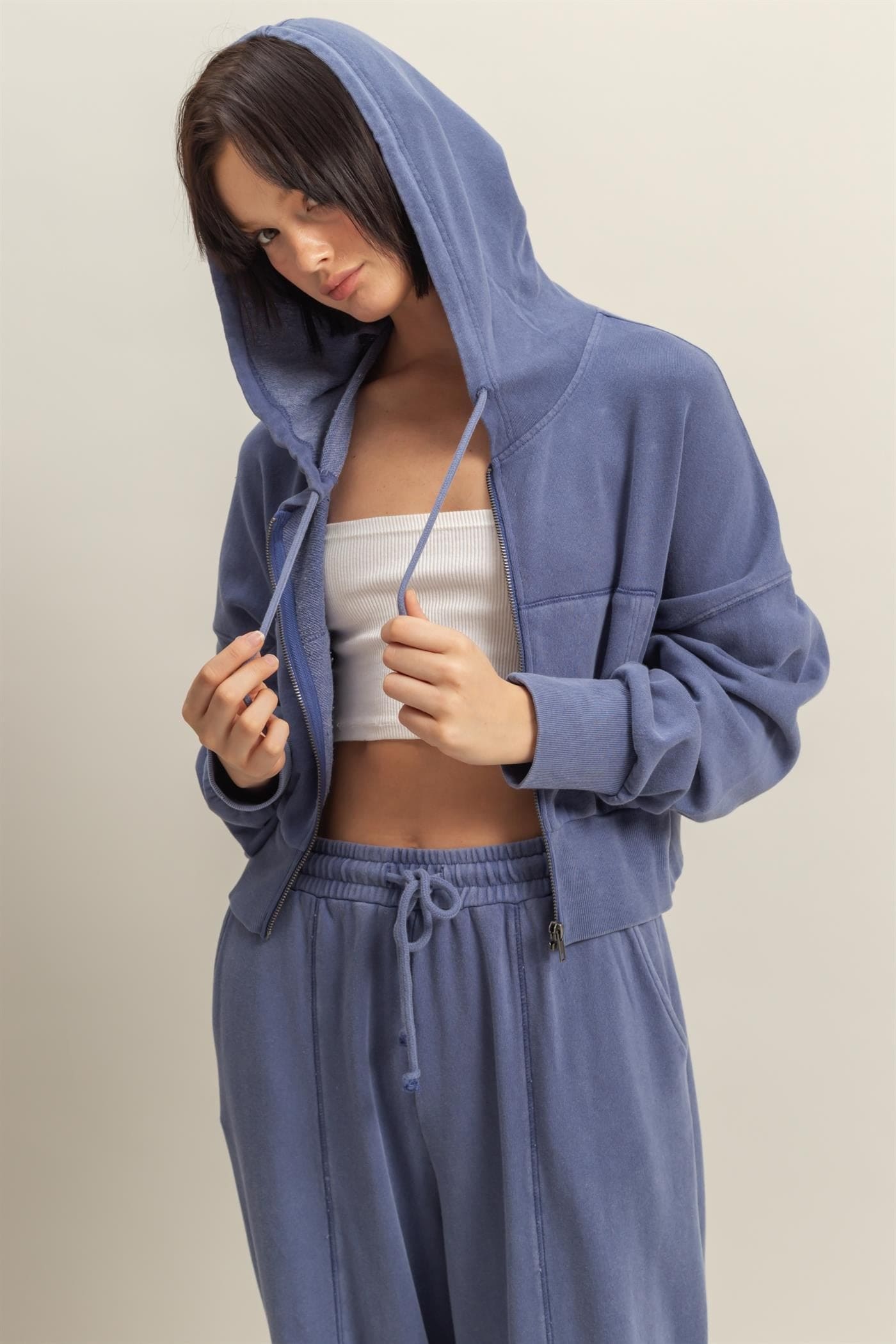 Long Sleeve Cropped Washed Zip Up Hoodie