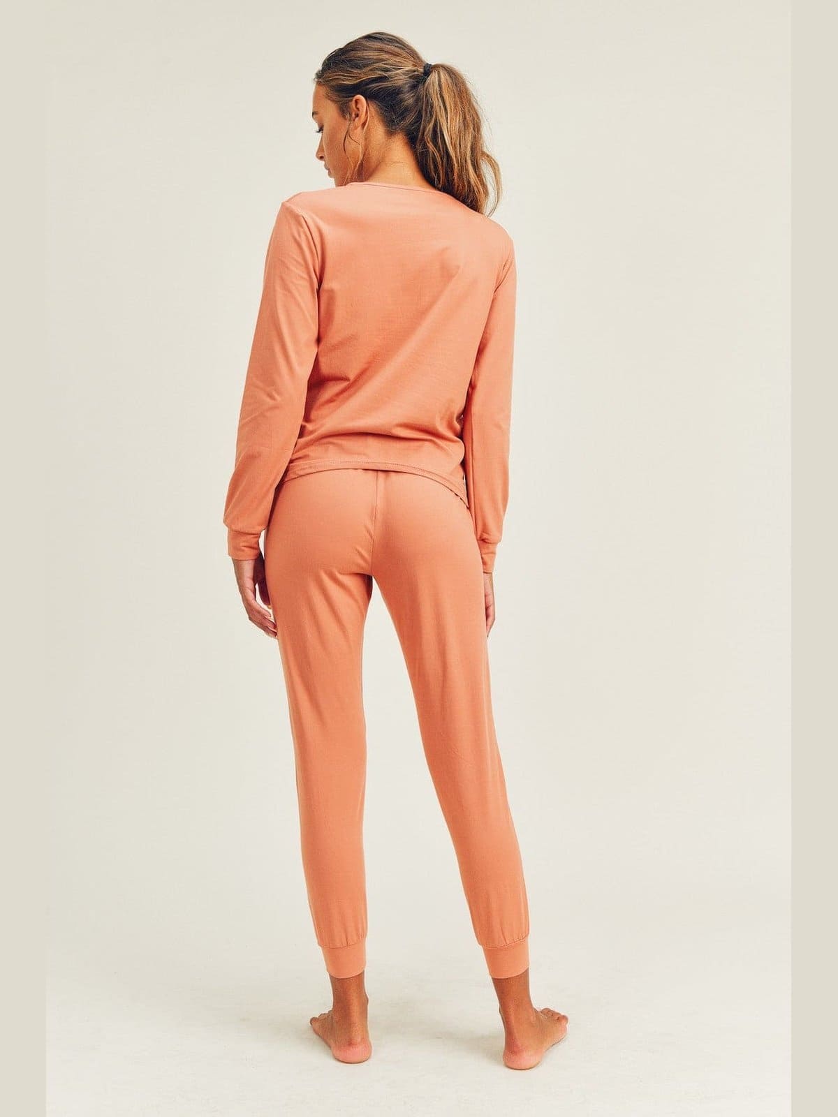 Brushed Soft Peach Skin Long Sleeve Lounge Set - BKFJNY