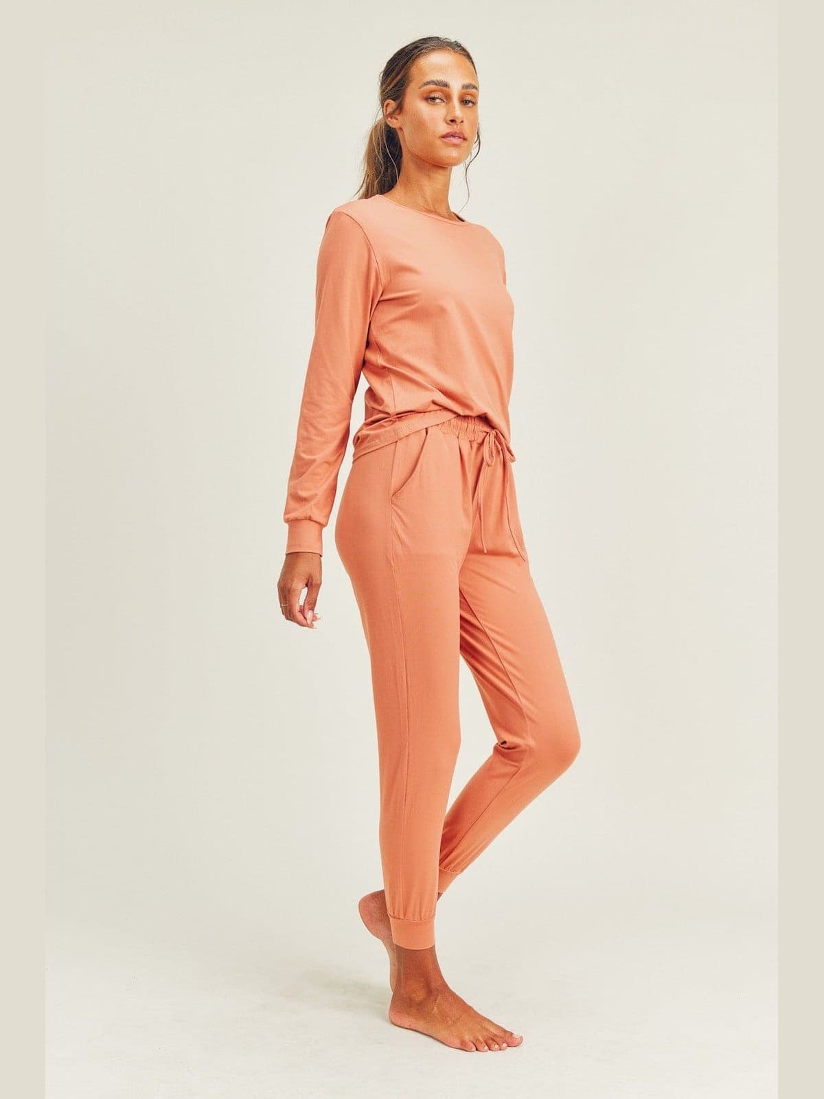 Brushed Soft Peach Skin Long Sleeve Lounge Set - BKFJNY