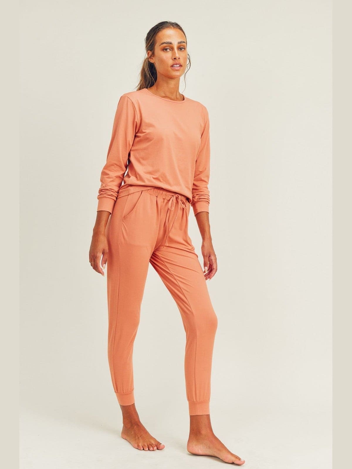 Brushed Soft Peach Skin Long Sleeve Lounge Set - BKFJNY