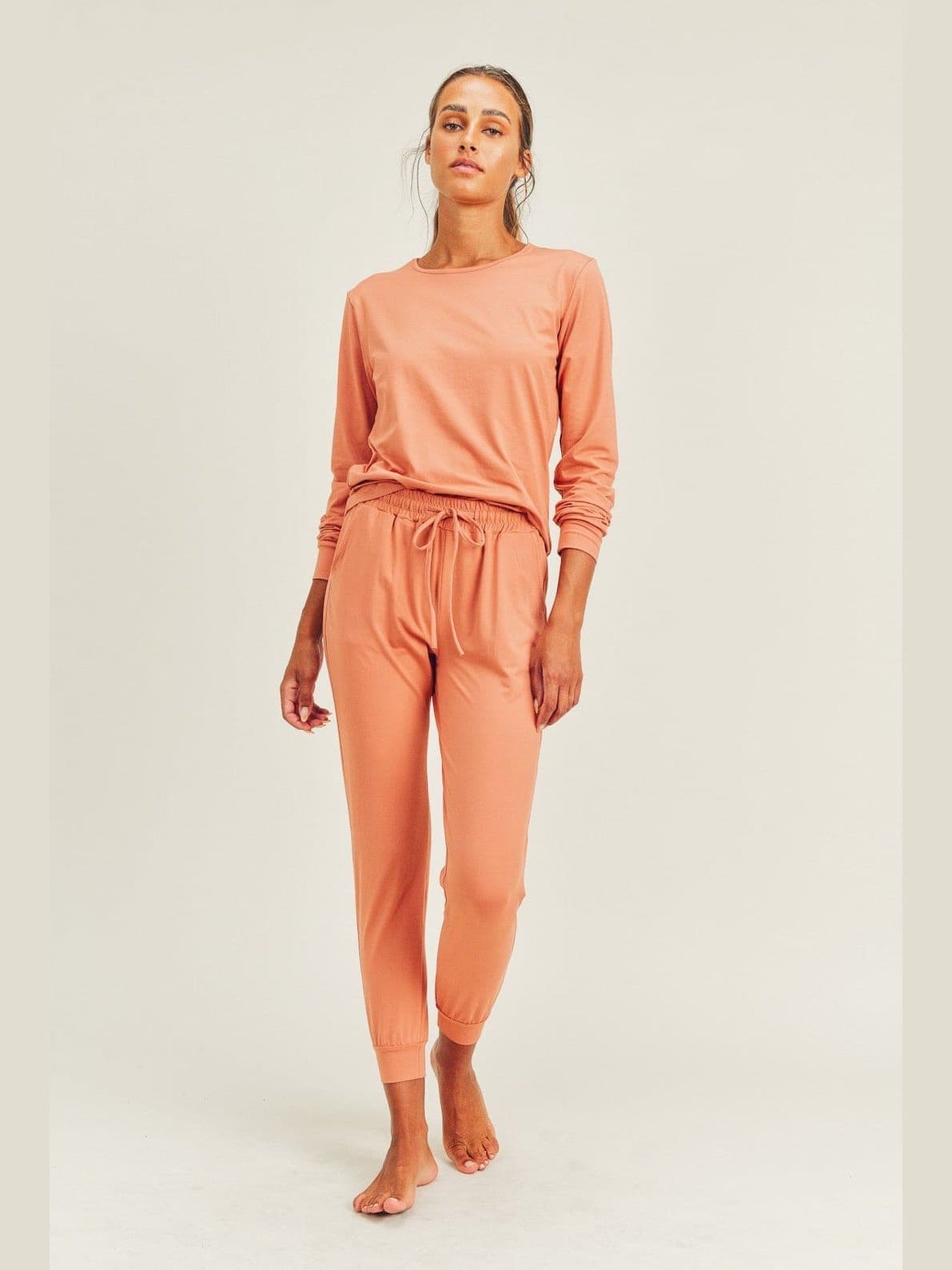 Brushed Soft Peach Skin Long Sleeve Lounge Set - BKFJNY