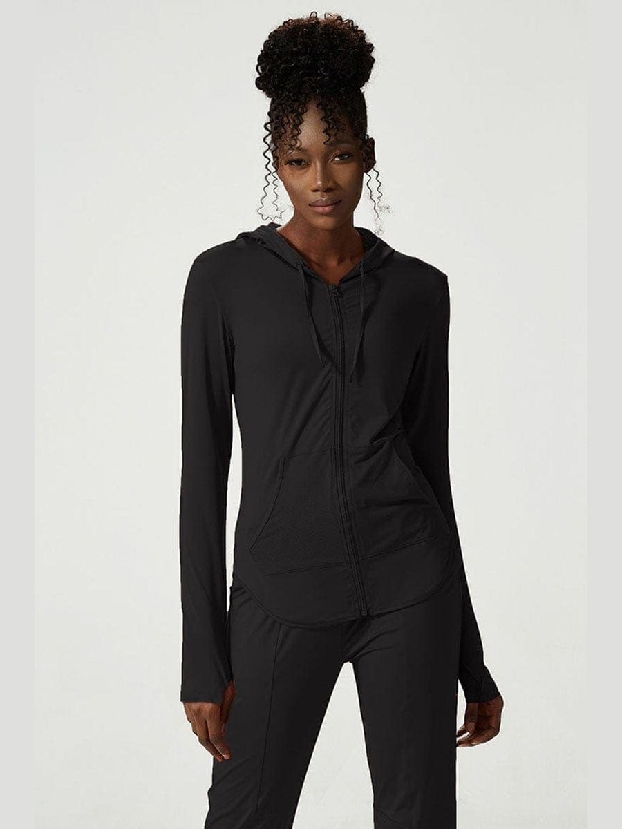 Drawstring solid zipper long sleeve hooded jacket - LEGDAY EVERYDAY