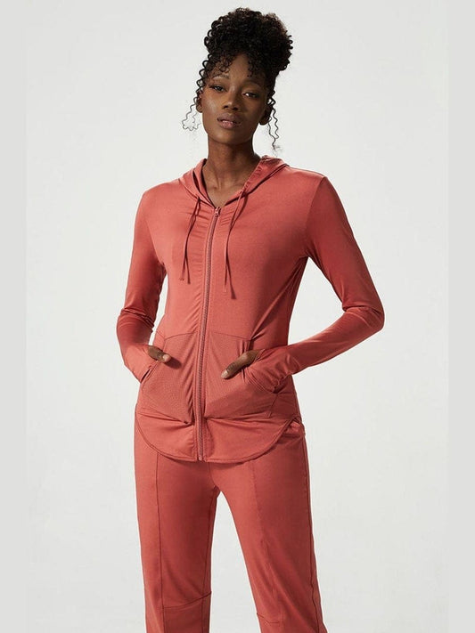 Drawstring solid zipper long sleeve hooded jacket - BKFJNY