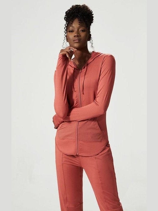 Drawstring solid zipper long sleeve hooded jacket - BKFJNY