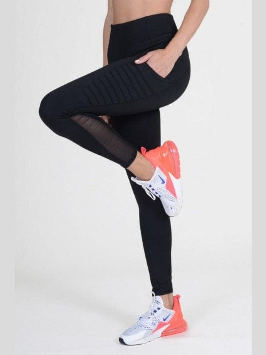 Ribbed Splice Mesh Pocket Leggings - BKFJNY